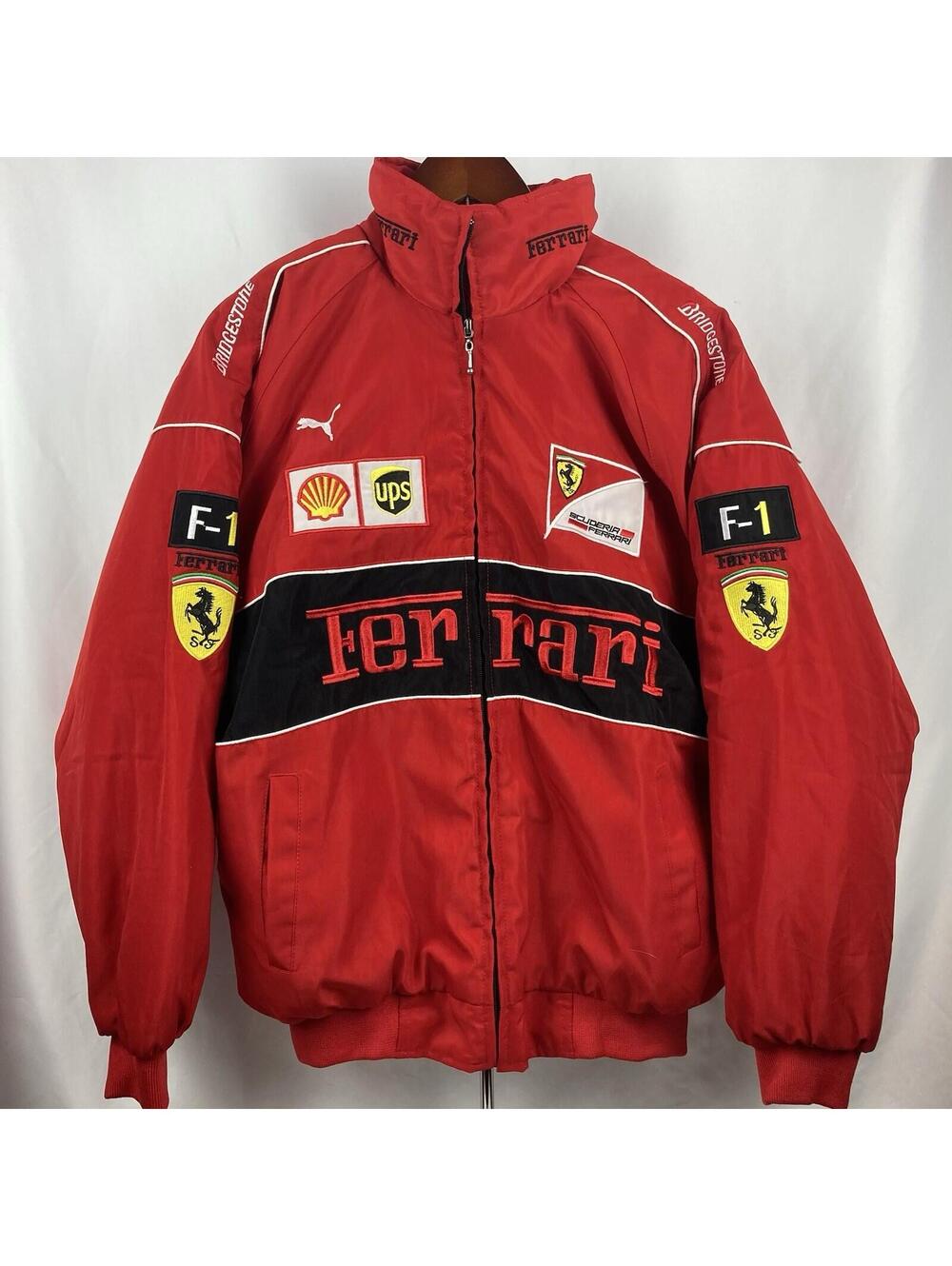 Men’s L Ferrari Scuderia F1 Racing Bomber Jacket Big Logo Red Black Embroidered